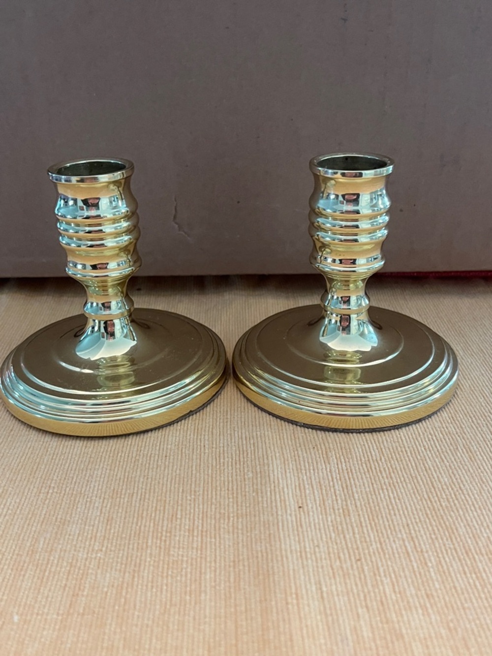 Baldwin (pair) polished brass candle holders. 3 inches tall.